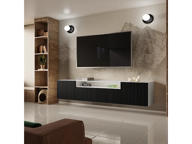 TV-Schrank Neo, Wohnwand, Lowboard, TV Ständer, Wohnwand, Wohnzimmer, TV Board, Fernseher, Highboard, Fernsehschrank, 200 cm, 3-türig, weiß, schwarz