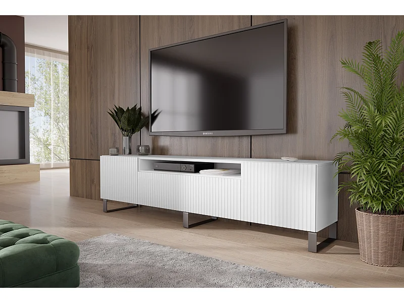 TV-Schrank Marlo III Fernsehschrank TV-Lowboard 200 cm vertikal gefräste Fronten modernes Design dreitürig Wohnzimmer (Farbe: weiß )