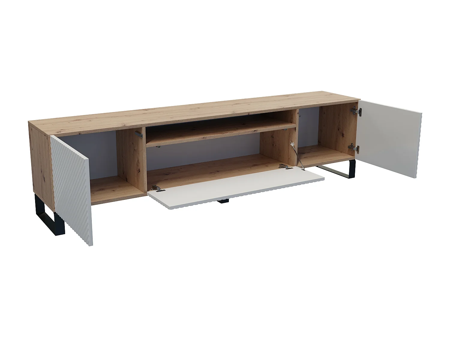 TV-Schrank Nicole III Fernsehschrank TV-Lowboard 200 cm Design dreitürig Wohnzimmer Push-To-Open Funktion gefräste Fronten (Farbe: Eiche artisan, weiß)