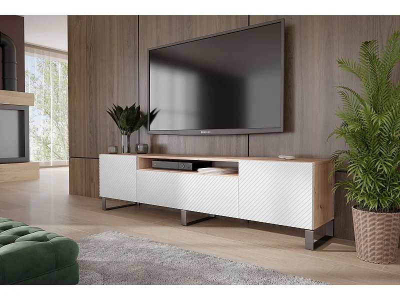 TV-Schrank Nicole III Fernsehschrank TV-Lowboard 200 cm Design dreitürig Wohnzimmer Push-To-Open Funktion gefräste Fronten (Farbe: Eiche artisan, weiß)