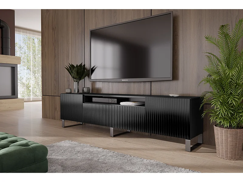 TV-Schrank Marlo III Fernsehschrank TV-Lowboard 200 cm vertikal gefräste Fronten modernes Design dreitürig Wohnzimmer (Farbe: schwarz )