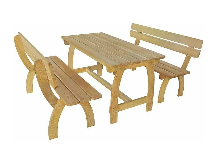 Table rectangulaire et 2 bancs de jardin pin massif clair Stylie