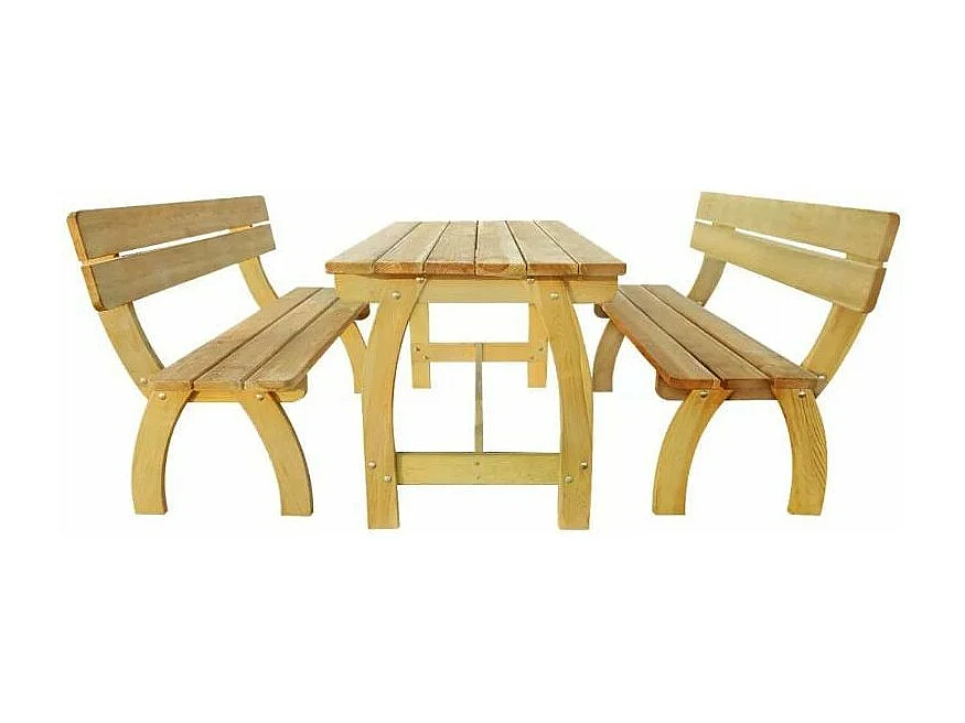 Table rectangulaire et 2 bancs de jardin pin massif clair Stylie