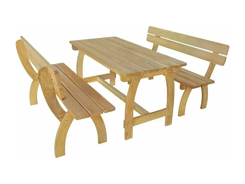 Table rectangulaire et 2 bancs de jardin pin massif clair Stylie