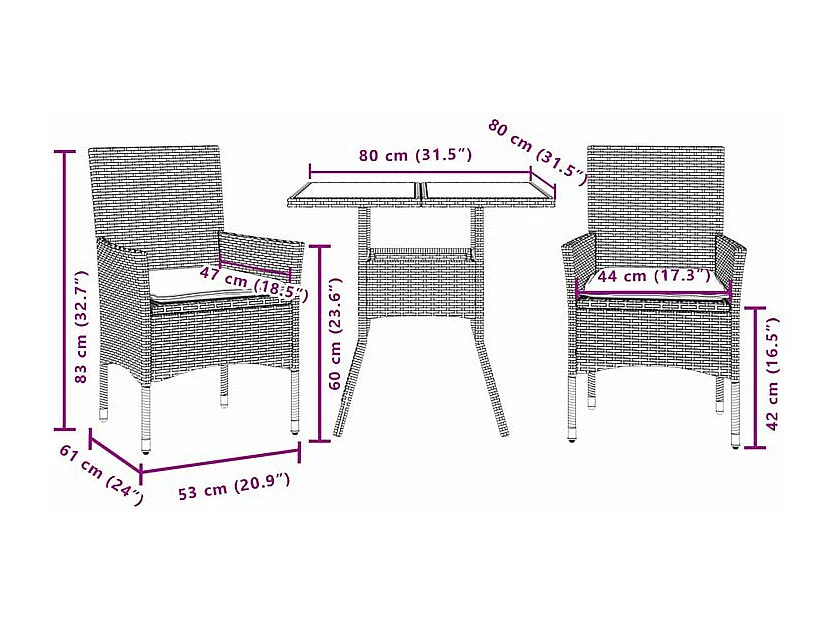 Ensemble à manger de jardin et coussins 3pcs beige rotin acacia