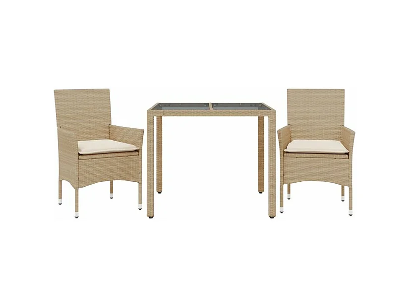 Ensemble à manger de jardin et coussins 3 pcs beige rotin verre