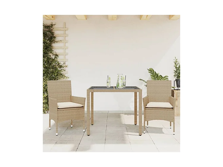 Ensemble à manger de jardin et coussins 3 pcs beige rotin verre