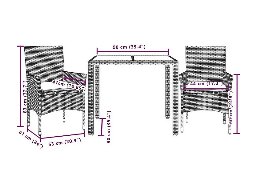 Ensemble à manger de jardin et coussins 3 pcs beige rotin verre