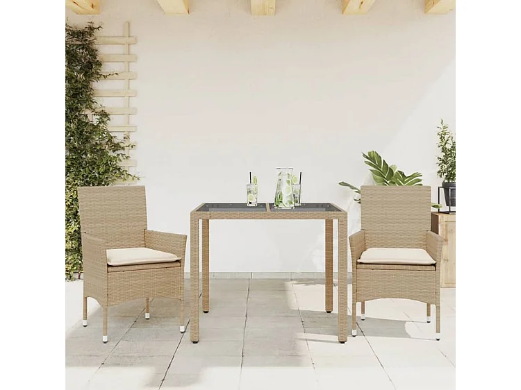 Ensemble à manger de jardin et coussins 3 pcs beige rotin verre