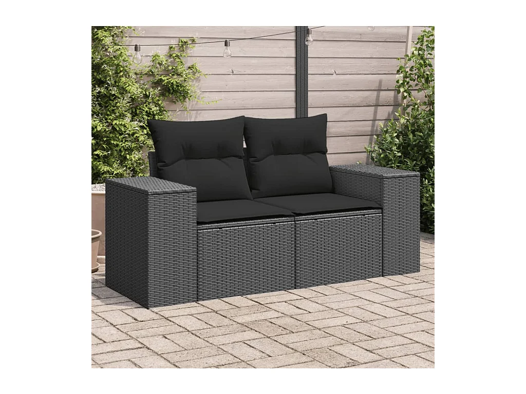 Canapé de jardin avec coussins 2 places noir résine tressée