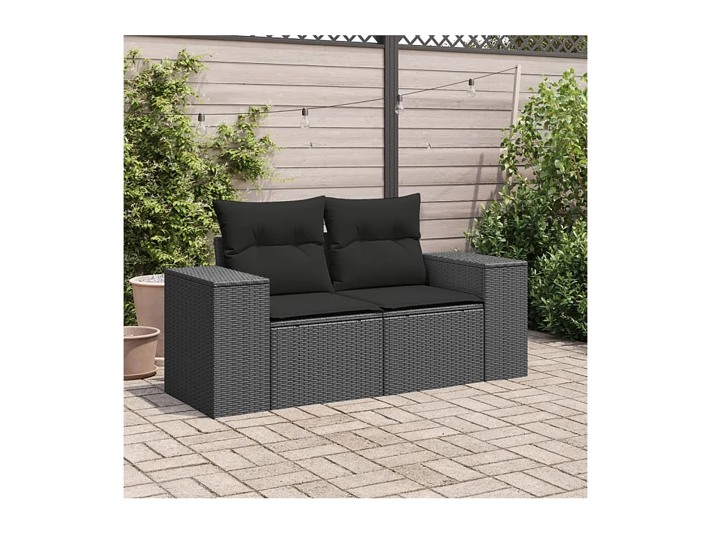 Canapé de jardin avec coussins 2 places noir résine tressée