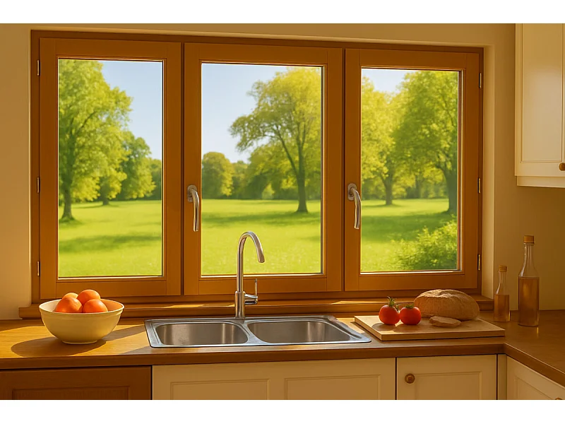 Ventana de madera 3 hojas Al135 x L180 Panel Nervios + tirador (ref 010220F9) sin manilla