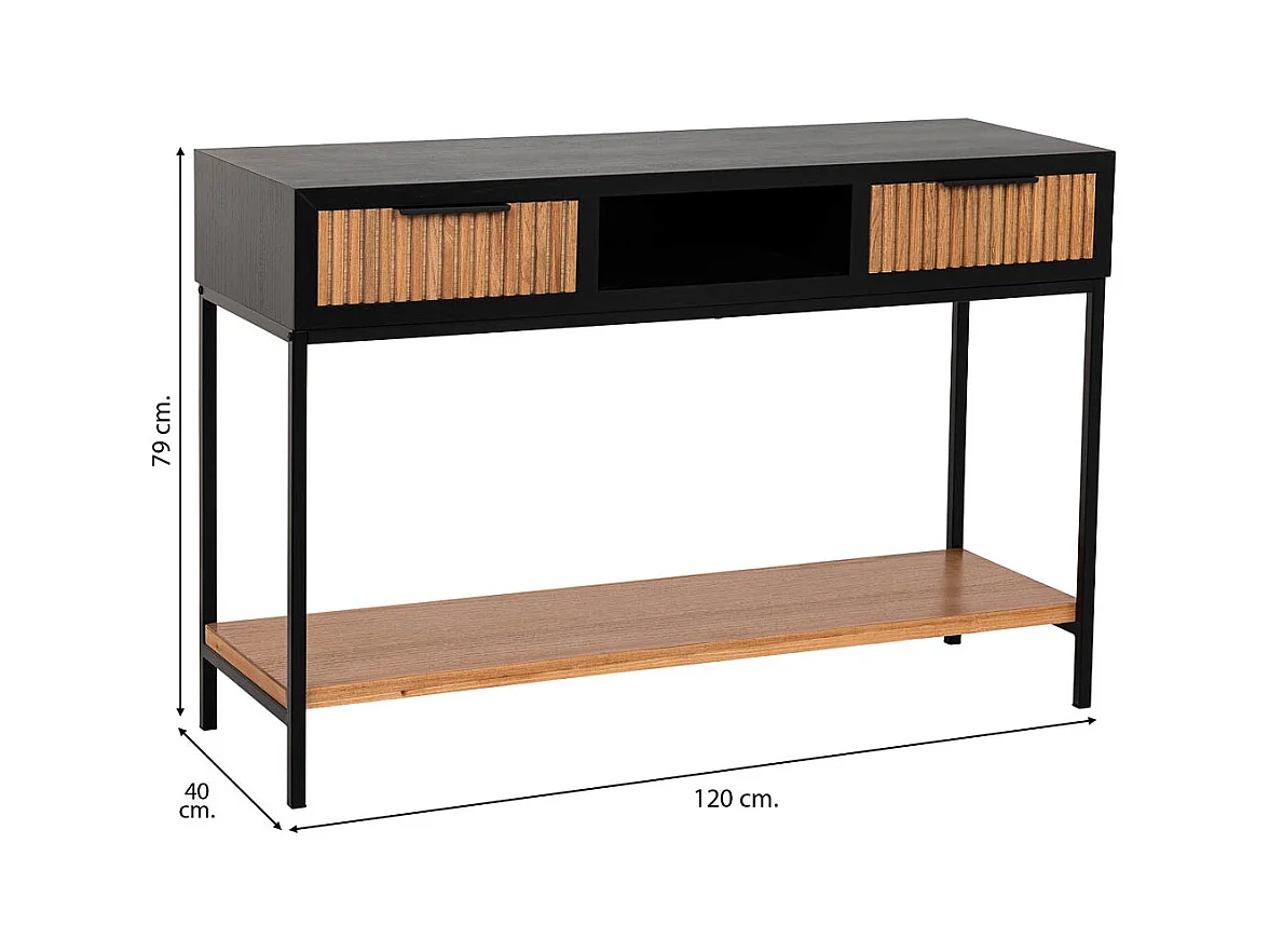 Corredor com duas gavetas, madeira e metal, 120x40x69h cm
