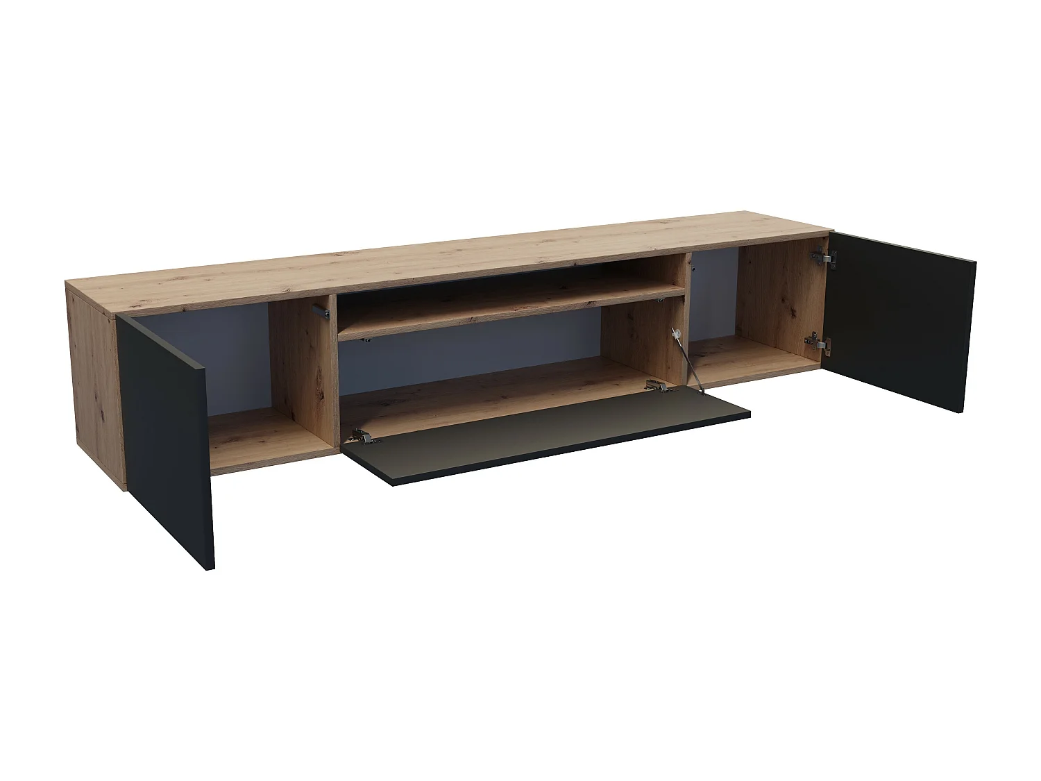 TV-Schrank Leo Fernsehschrank TV-Lowboard 200 cm Design dreitürig Wohnzimmer Wandmontage (Farbe: eiche artisan und schwarz )