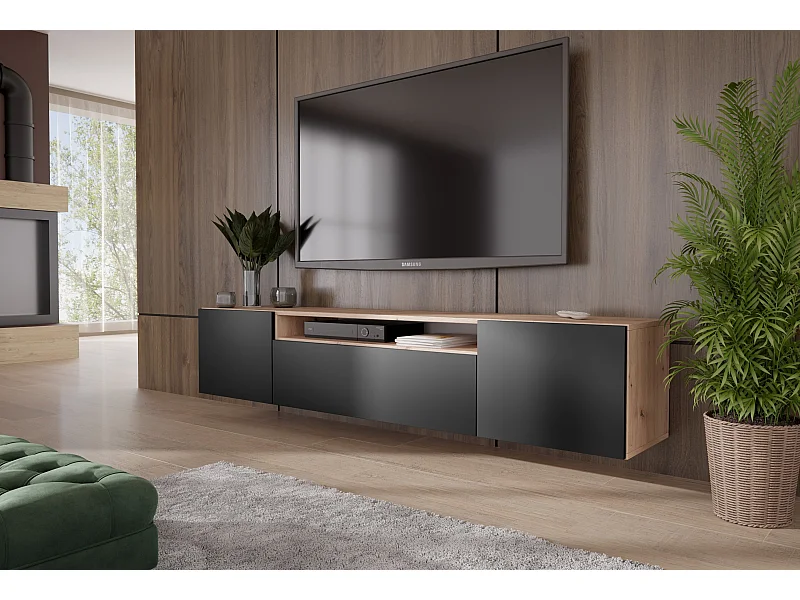 TV-Schrank Leo Fernsehschrank TV-Lowboard 200 cm Design dreitürig Wohnzimmer Wandmontage (Farbe: eiche artisan und schwarz )