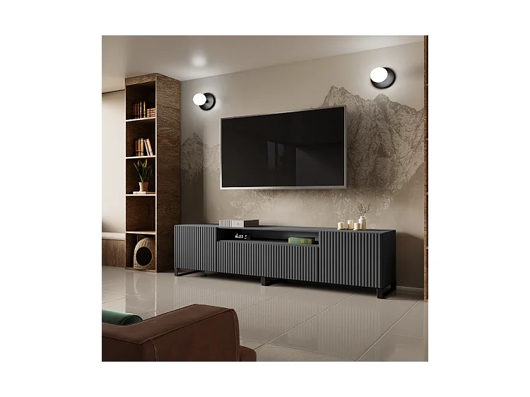 TV-Schrank Neo III, Lowboard, Wohnwand, Wohnzimmer, TV Board, Fernseher, Highboard, Fernsehschrank, TV lowboard, 200 cm, 3-türig, graphit, grau