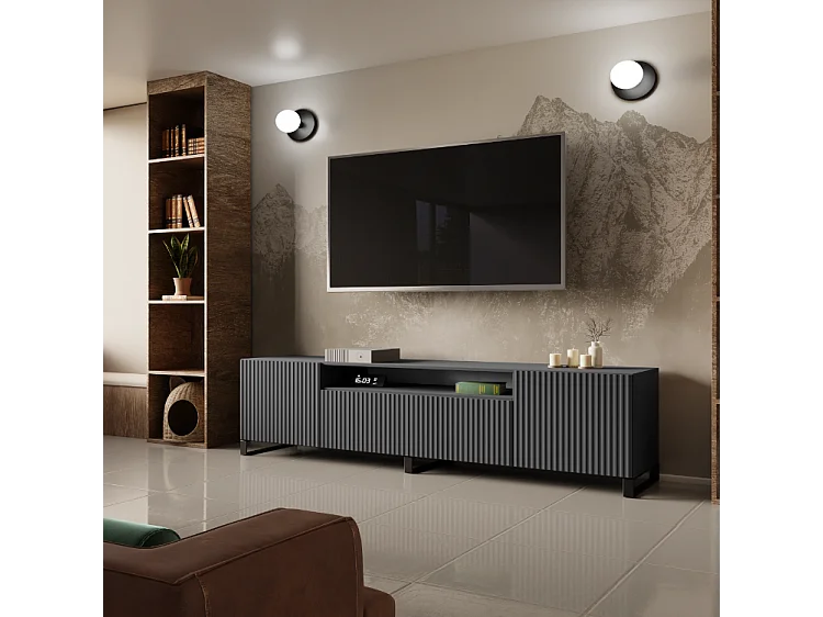 TV-Schrank Neo III, Lowboard, Wohnwand, Wohnzimmer, TV Board, Fernseher, Highboard, Fernsehschrank, TV lowboard, 200 cm, 3-türig, graphit, grau