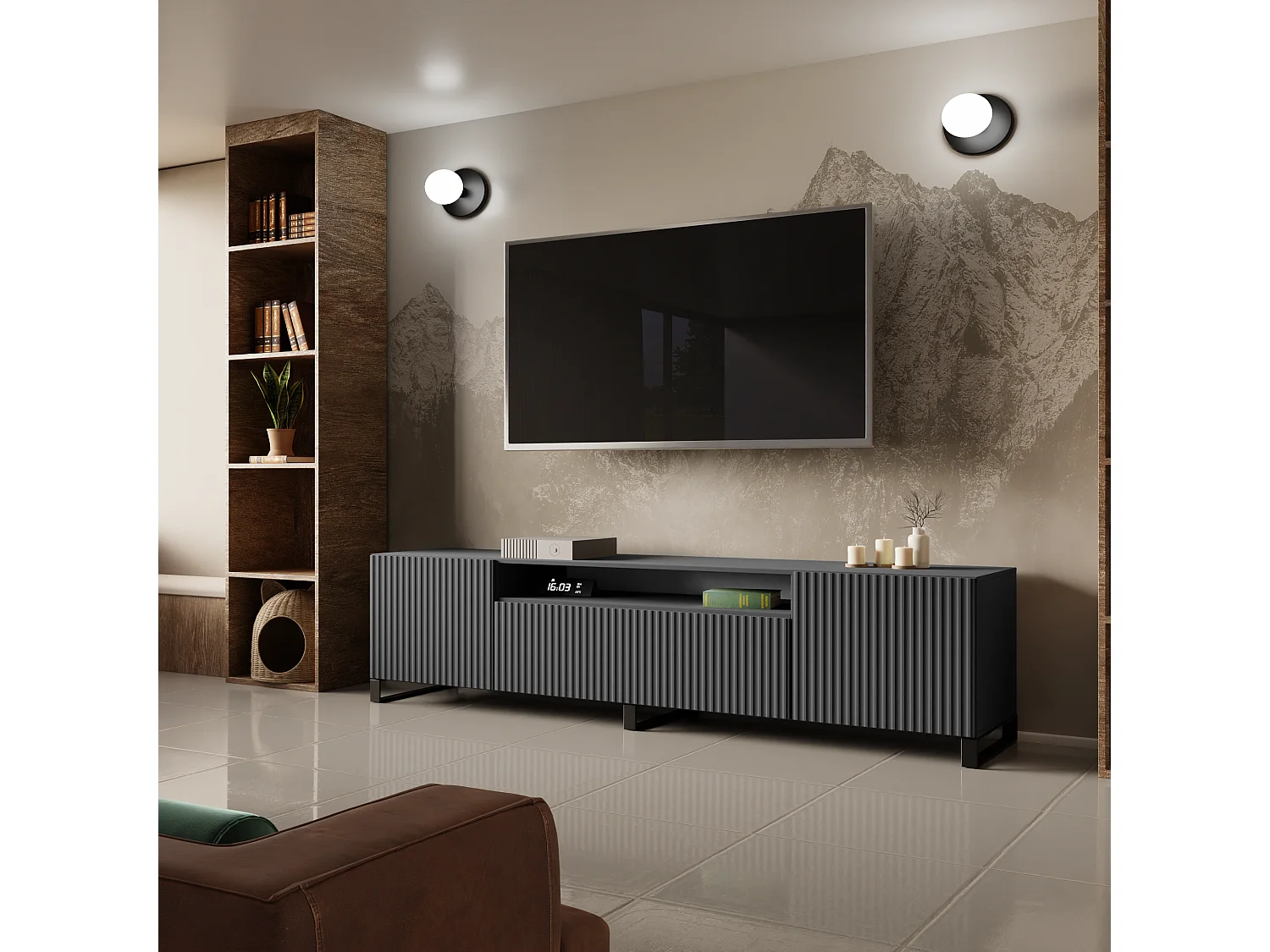 Meuble TV Neo III, meuble bas, meuble haut, salon, meuble TV, télévision, buffet haut, meuble TV, meuble TV bas, 200 cm, 3 portes, graphite, gris