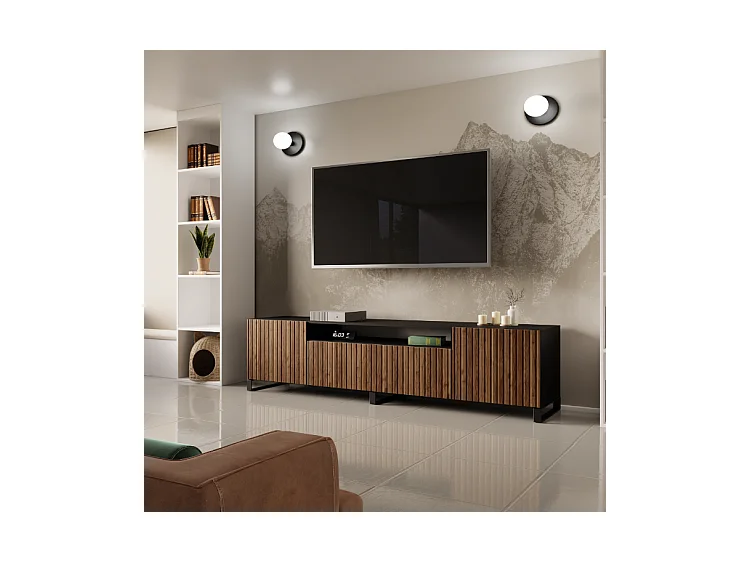 TV-Schrank Mio III Fernsehschrank TV-Lowboard 200 cm vertikal gefräste Fronten modernes Design dreitürig Wohnzimmer (Farbe: schwarz, catania )