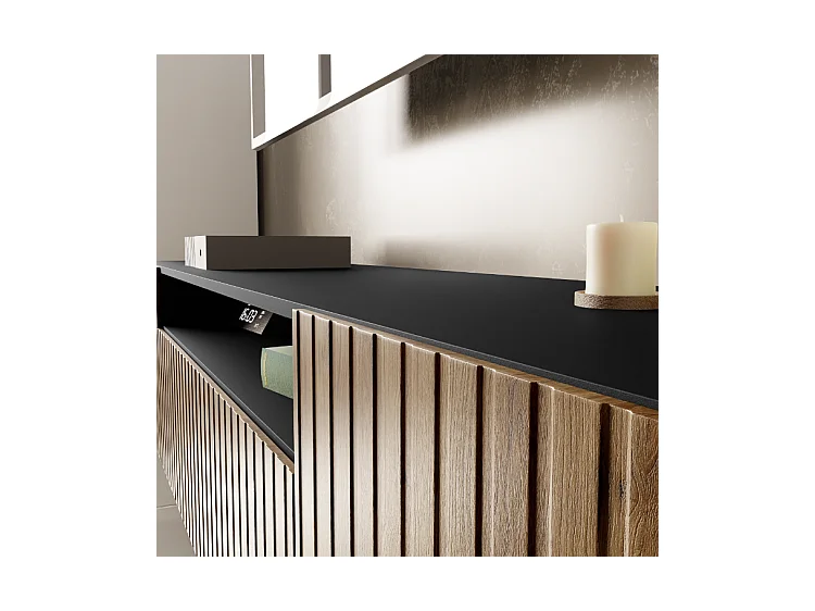 TV-Schrank Mio III Fernsehschrank TV-Lowboard 200 cm vertikal gefräste Fronten modernes Design dreitürig Wohnzimmer (Farbe: schwarz, catania )