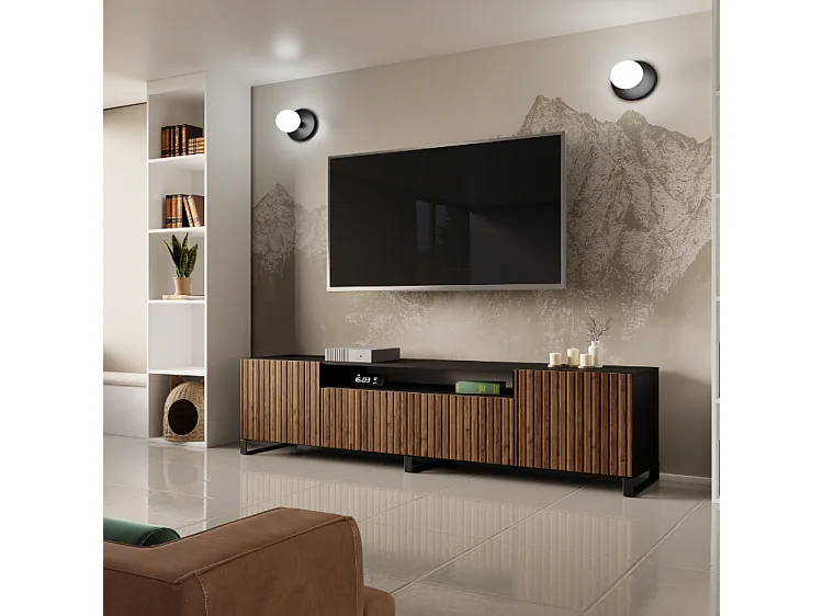 TV-Schrank Mio III Fernsehschrank TV-Lowboard 200 cm vertikal gefräste Fronten modernes Design dreitürig Wohnzimmer (Farbe: schwarz, catania )