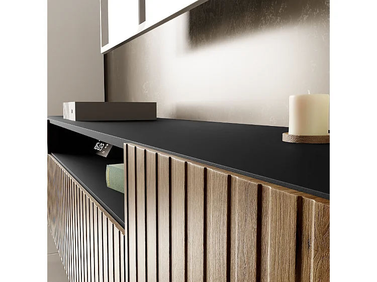 TV-Schrank Mio III Fernsehschrank TV-Lowboard 200 cm vertikal gefräste Fronten modernes Design dreitürig Wohnzimmer (Farbe: schwarz, catania )