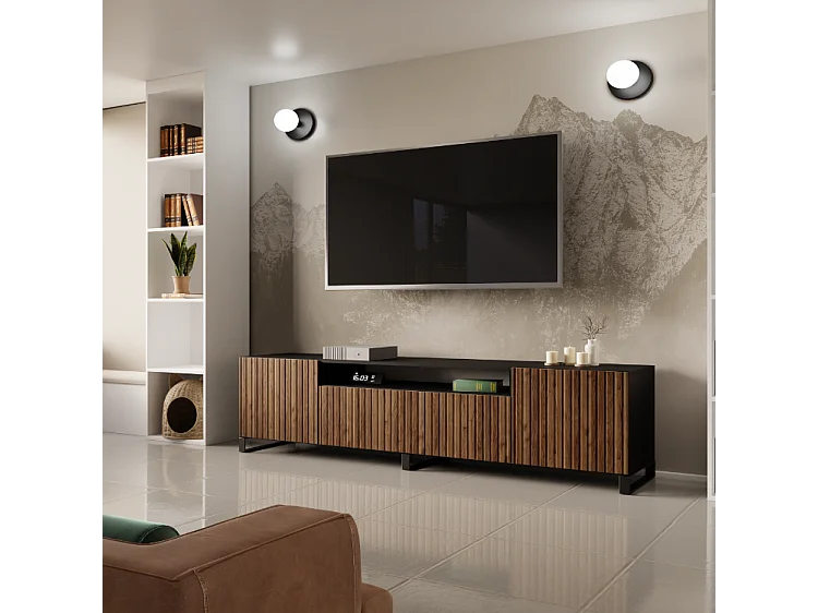 TV-Schrank Mio III Fernsehschrank TV-Lowboard 200 cm vertikal gefräste Fronten modernes Design dreitürig Wohnzimmer (Farbe: schwarz, catania )