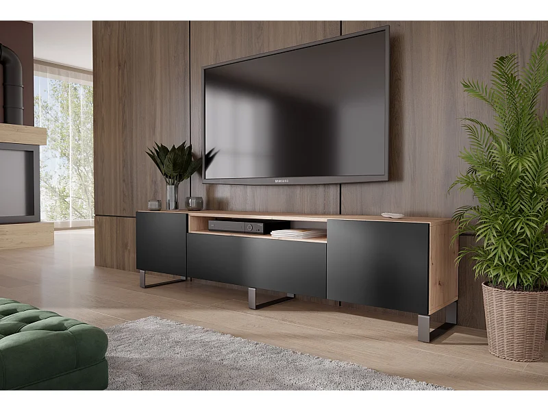 TV-Schrank Leo III Fernsehschrank TV-Lowboard 200 cm modernes Design dreitürig Wohnzimmer (Farbe: eiche artisan und schwarz )