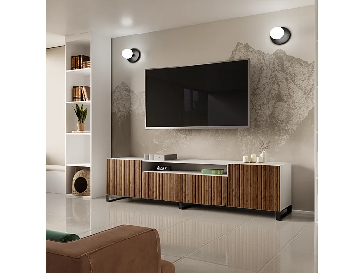 TV-Schrank Mio III Fernsehschrank TV-Lowboard 200 cm vertikal gefräste Fronten modernes Design dreitürig Wohnzimmer (Farbe: weiß, catania )