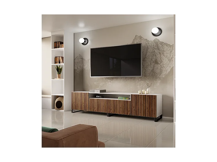 TV-Schrank Mio III Fernsehschrank TV-Lowboard 200 cm vertikal gefräste Fronten modernes Design dreitürig Wohnzimmer (Farbe: weiß, catania )