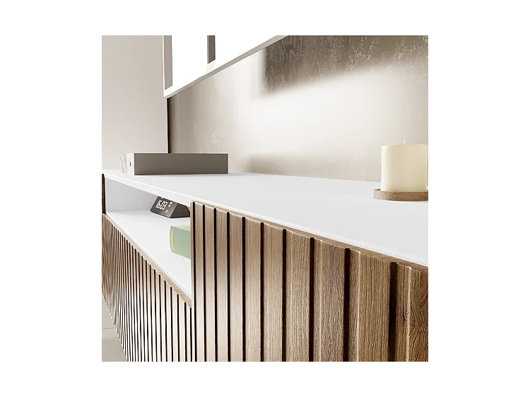 TV-Schrank Mio III Fernsehschrank TV-Lowboard 200 cm vertikal gefräste Fronten modernes Design dreitürig Wohnzimmer (Farbe: weiß, catania )