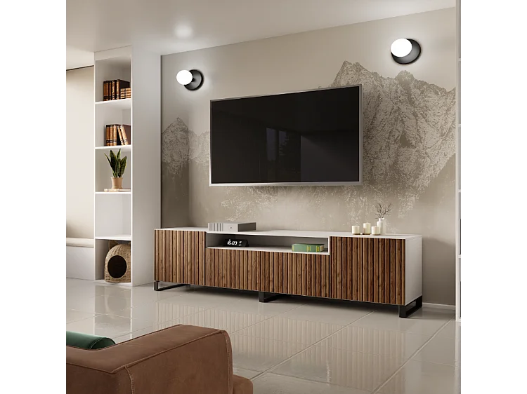 TV-Schrank Mio III Fernsehschrank TV-Lowboard 200 cm vertikal gefräste Fronten modernes Design dreitürig Wohnzimmer (Farbe: weiß, catania )