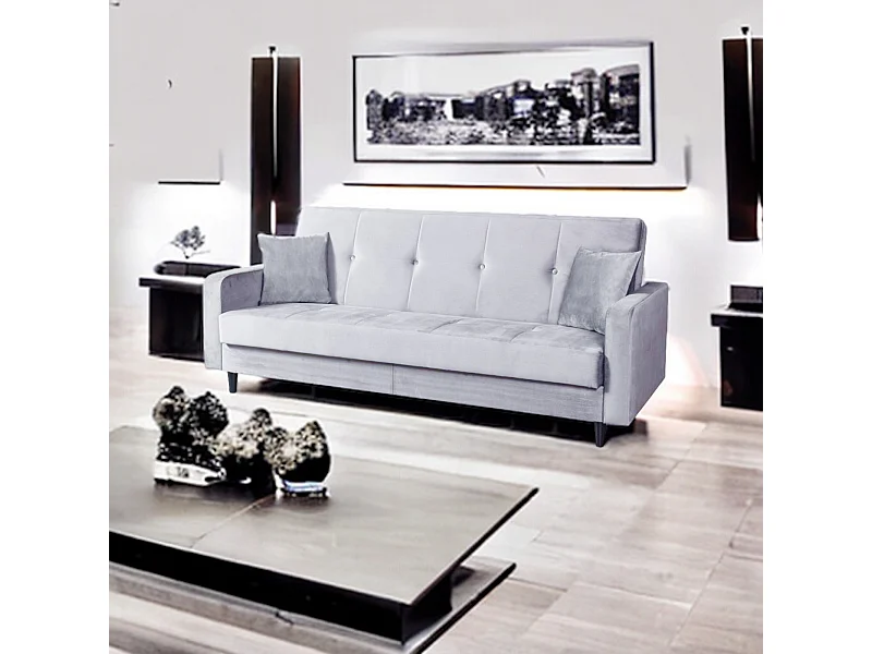 Sofa Luna Schlafsofa im skandinavisches Stil, Couch mit Schlaffunktion und Bettkasten, Polstersofa für Wohnzimmer 213 cm hellgrau