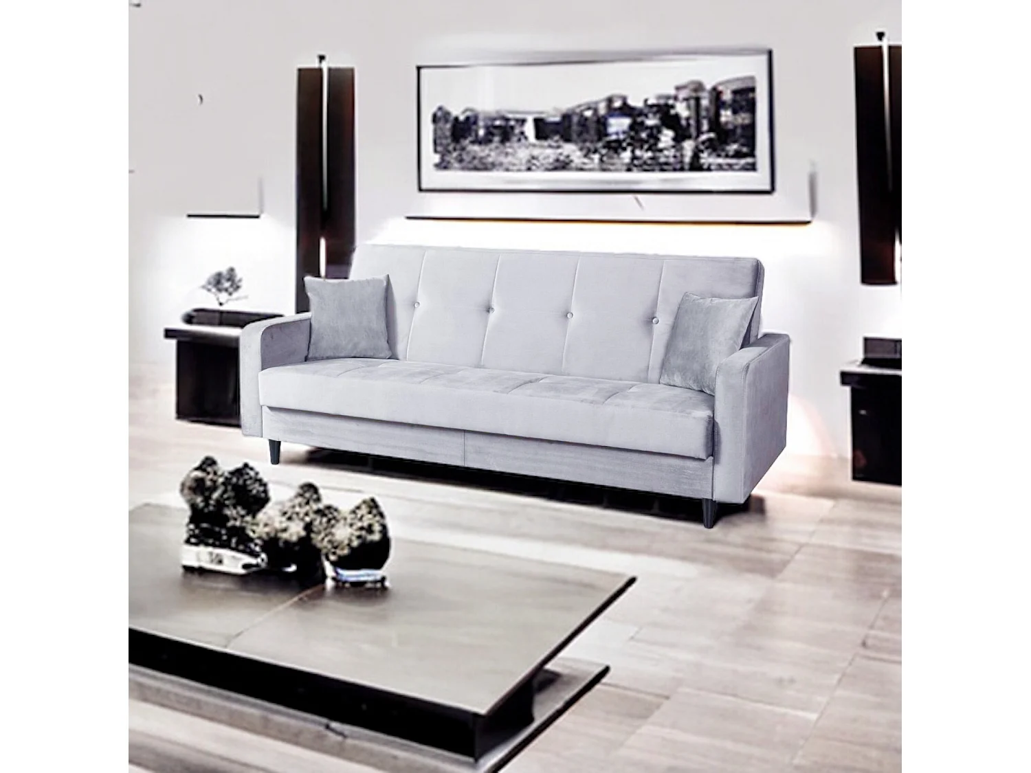 Sofa Luna Schlafsofa im skandinavisches Stil, Couch mit Schlaffunktion und Bettkasten, Polstersofa für Wohnzimmer 213 cm hellgrau