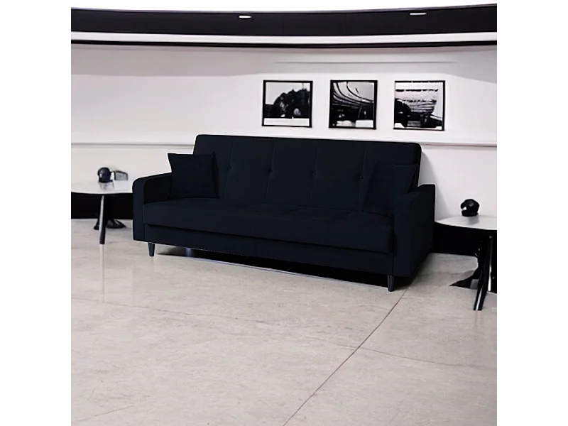 Sofa Luna Schlafsofa im skandinavisches Stil, Couch mit Schlaffunktion und Bettkasten, Polstersofa für Wohnzimmer 213 cm, schwarz