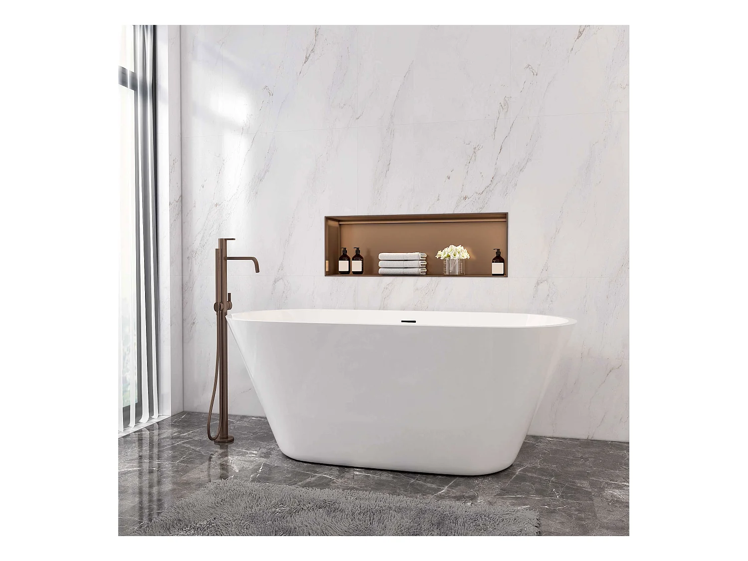 AICA L:150xB:70xH:58 cm  Vrijstaand Bad Ovaal in mat wit acryl, met overloop en afvoer