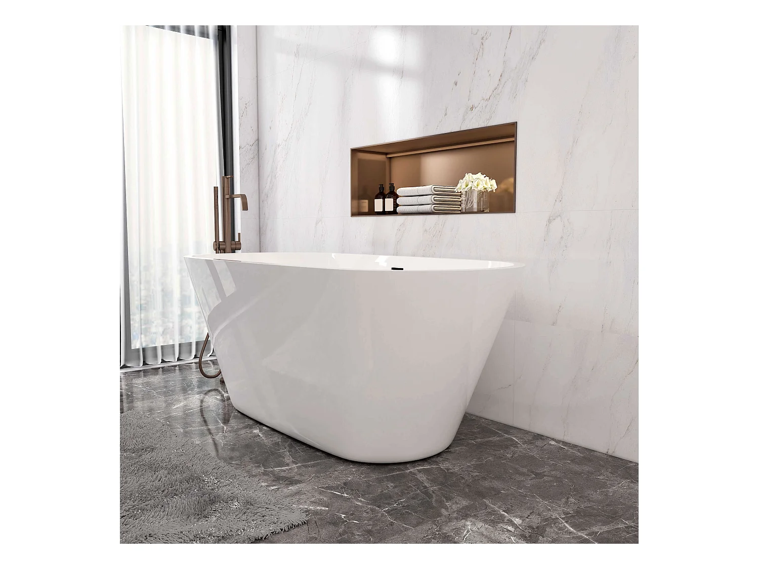 AICA L:150xB:70xH:58 cm  Vrijstaand Bad Ovaal in mat wit acryl, met overloop en afvoer