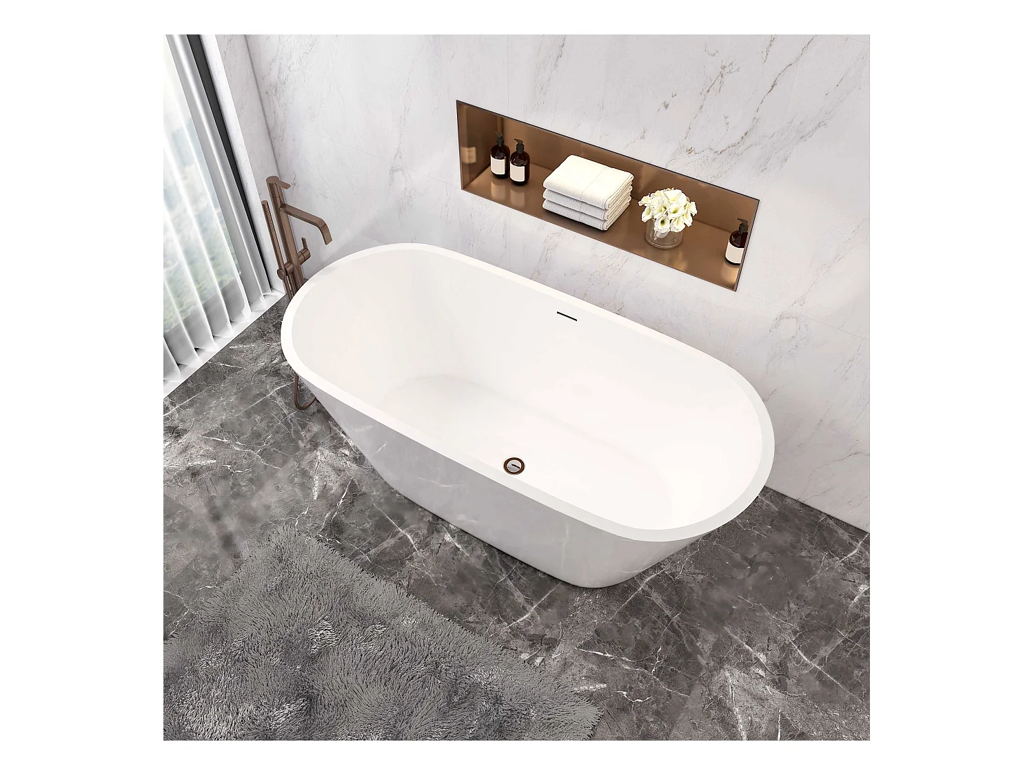 AICA L:150xB:70xH:58 cm  Vrijstaand Bad Ovaal in mat wit acryl, met overloop en afvoer