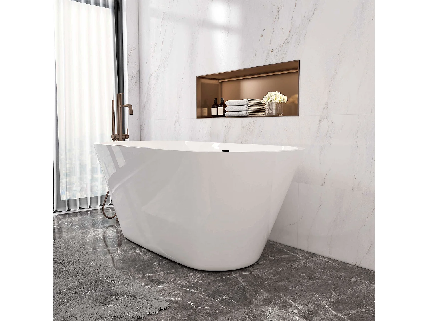 AICA L:150xB:70xH:58 cm  Vrijstaand Bad Ovaal in mat wit acryl, met overloop en afvoer