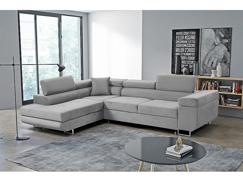 Ecksofa Marlene III L-Form mit verstellbaren Kopfstützen Schlaffunktion Bettkasten 271 x 202 cm Wohnzimmer links, hellgrau