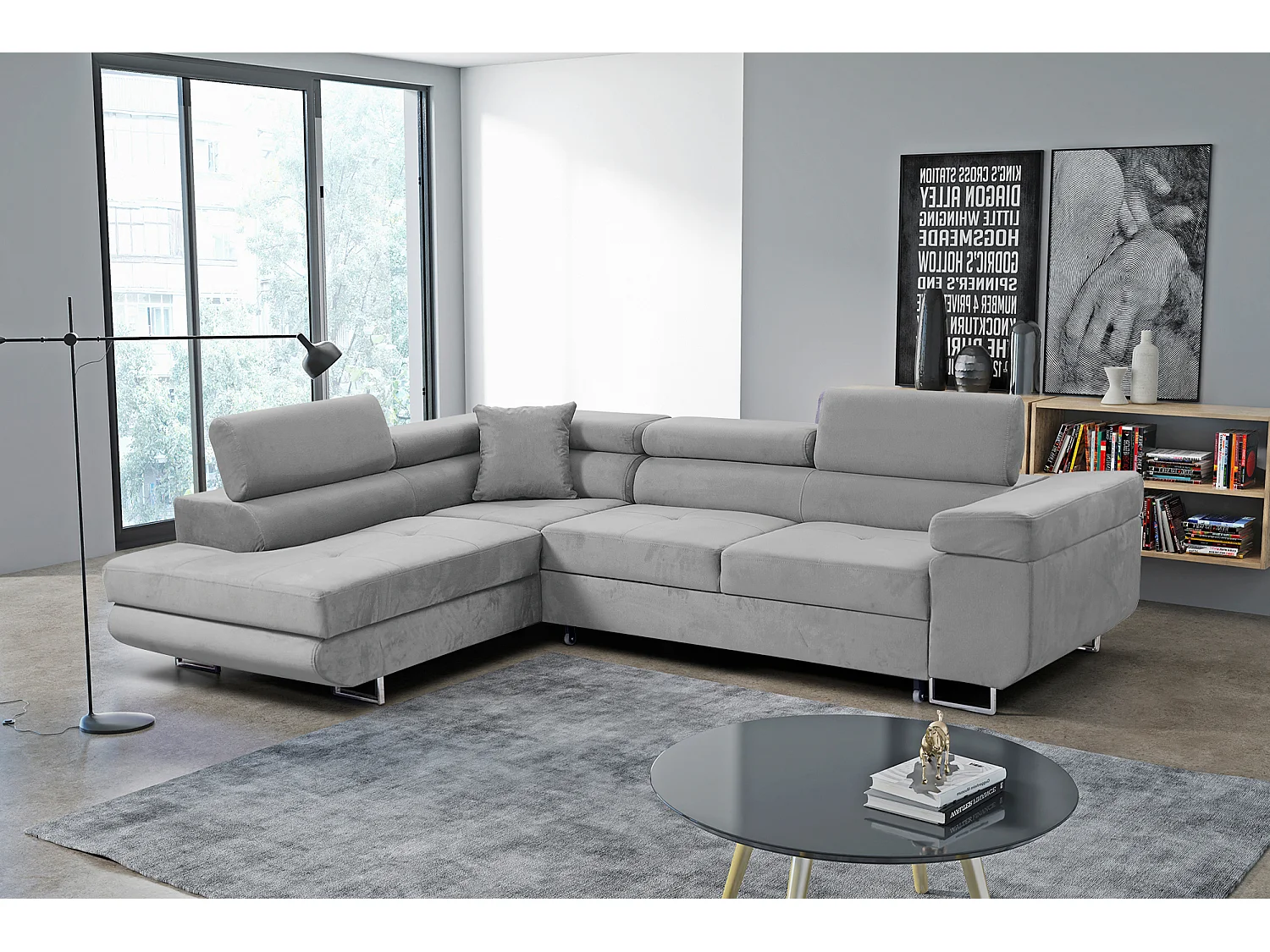 Ecksofa Marlene III L-Form mit verstellbaren Kopfstützen Schlaffunktion Bettkasten 271 x 202 cm Wohnzimmer links, hellgrau