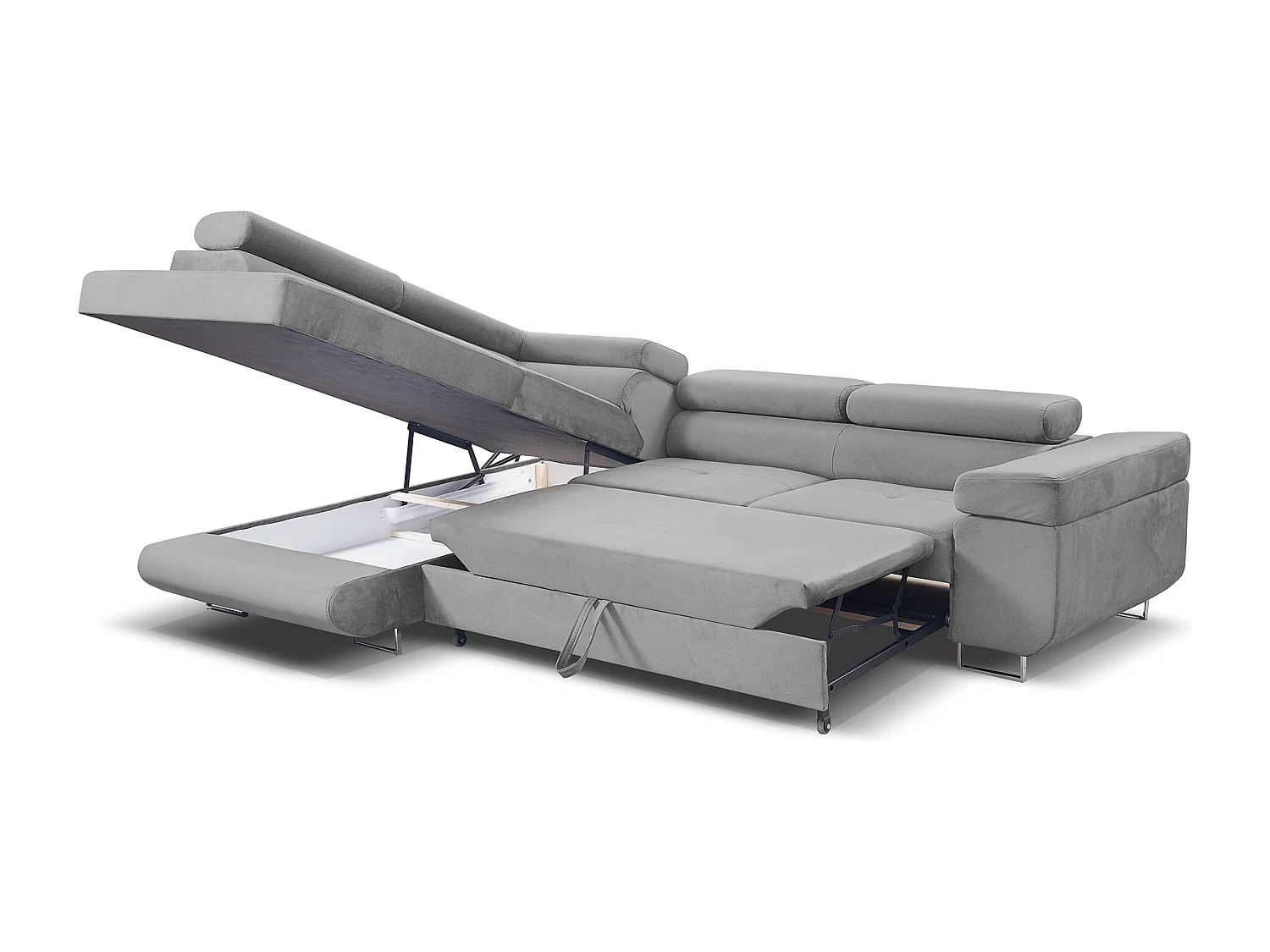 Ecksofa Marlene III L-Form mit verstellbaren Kopfstützen Schlaffunktion Bettkasten 271 x 202 cm Wohnzimmer links, hellgrau