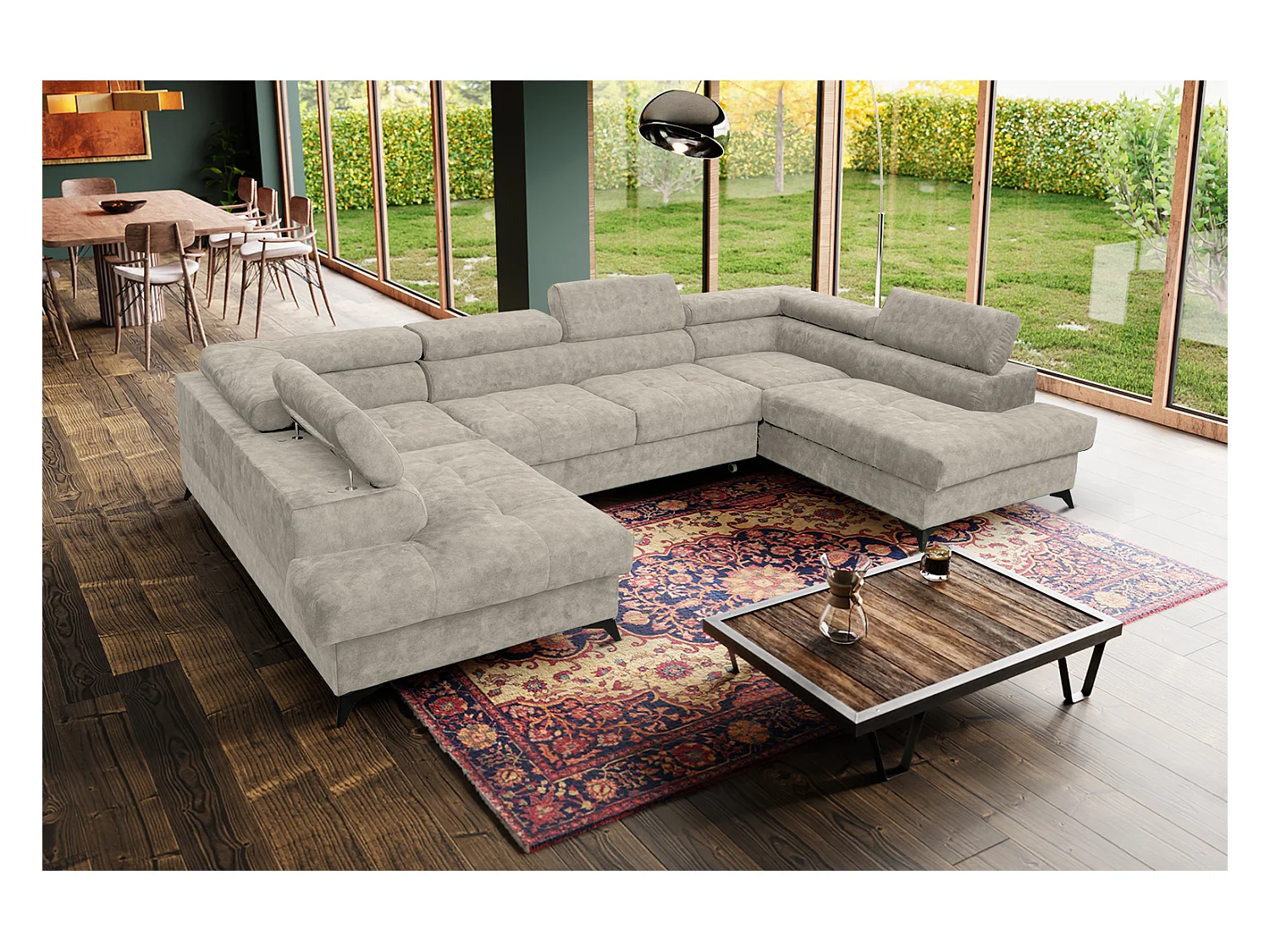 Ecksofa Palermo U-Form mit Schlaffunktion Bettkasten 345 x 202 cm Wohnzimmer Arbeitszimmer Sofa XXL, beige