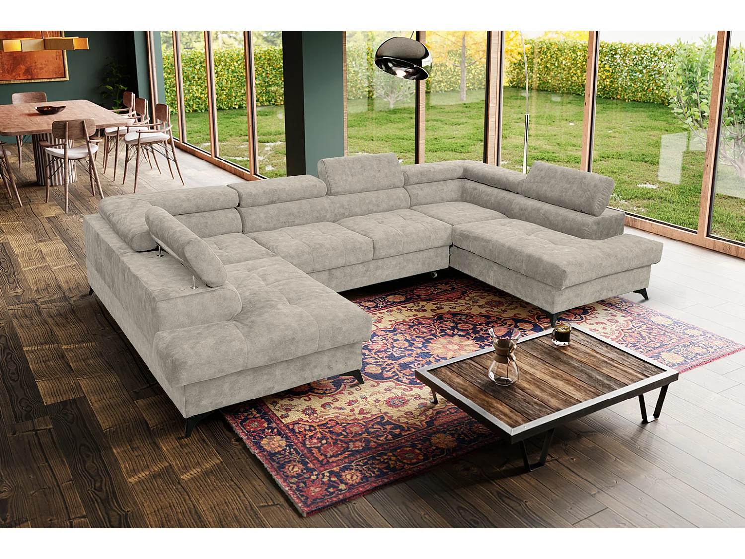 Ecksofa Palermo U-Form mit Schlaffunktion Bettkasten 345 x 202 cm Wohnzimmer Arbeitszimmer Sofa XXL, beige