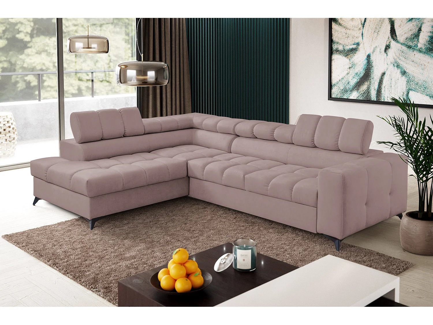 Ecksofa Andrea L-Form mit verstellbaren Kopfstützen Schlaffunktion Bettkasten 267 x 205 cm Wohnzimmer links, rosa
