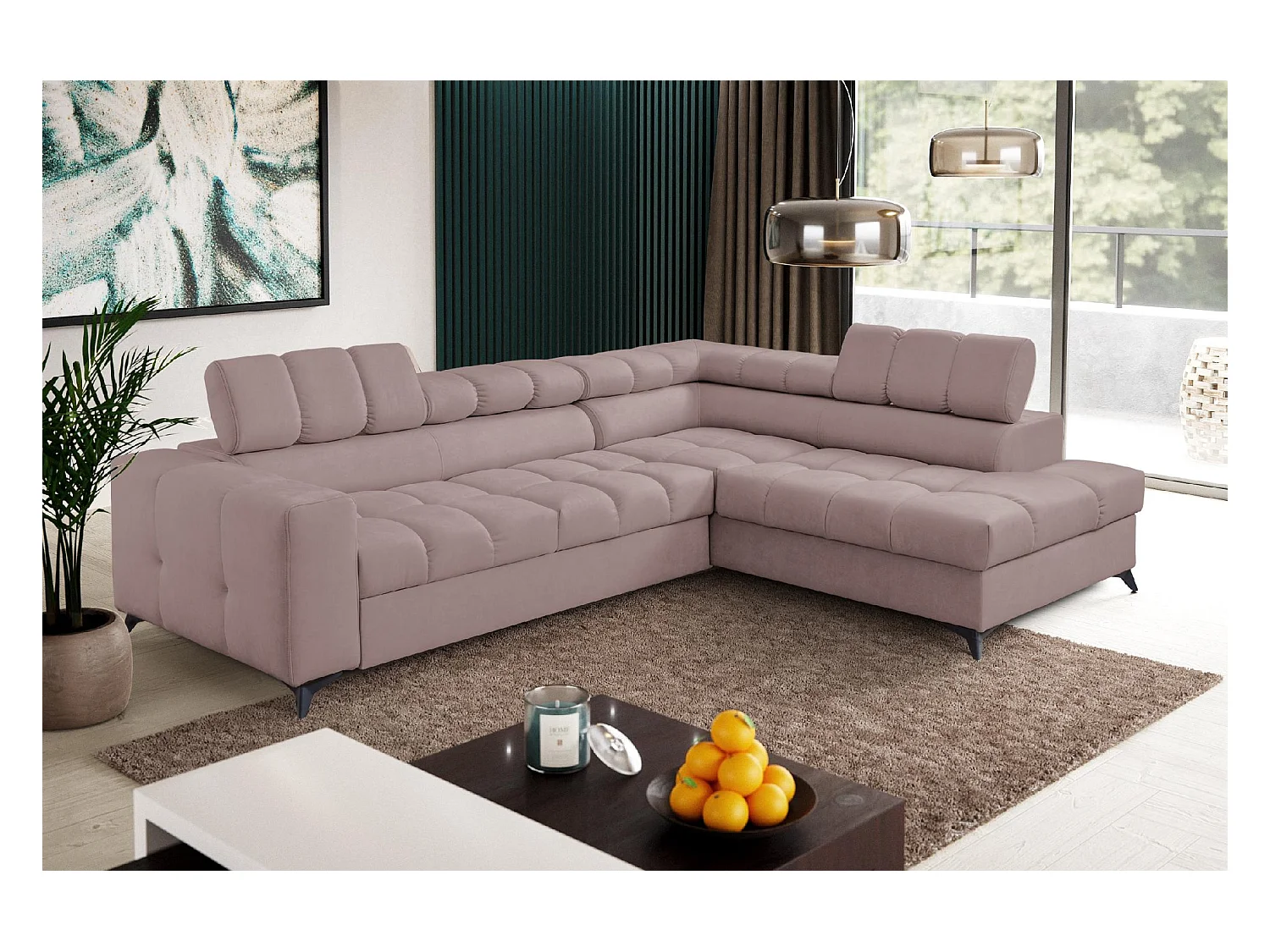 Ecksofa Andrea L-Form mit verstellbaren Kopfstützen Schlaffunktion Bettkasten 267 x 205 cm Wohnzimmer rechts, rosa