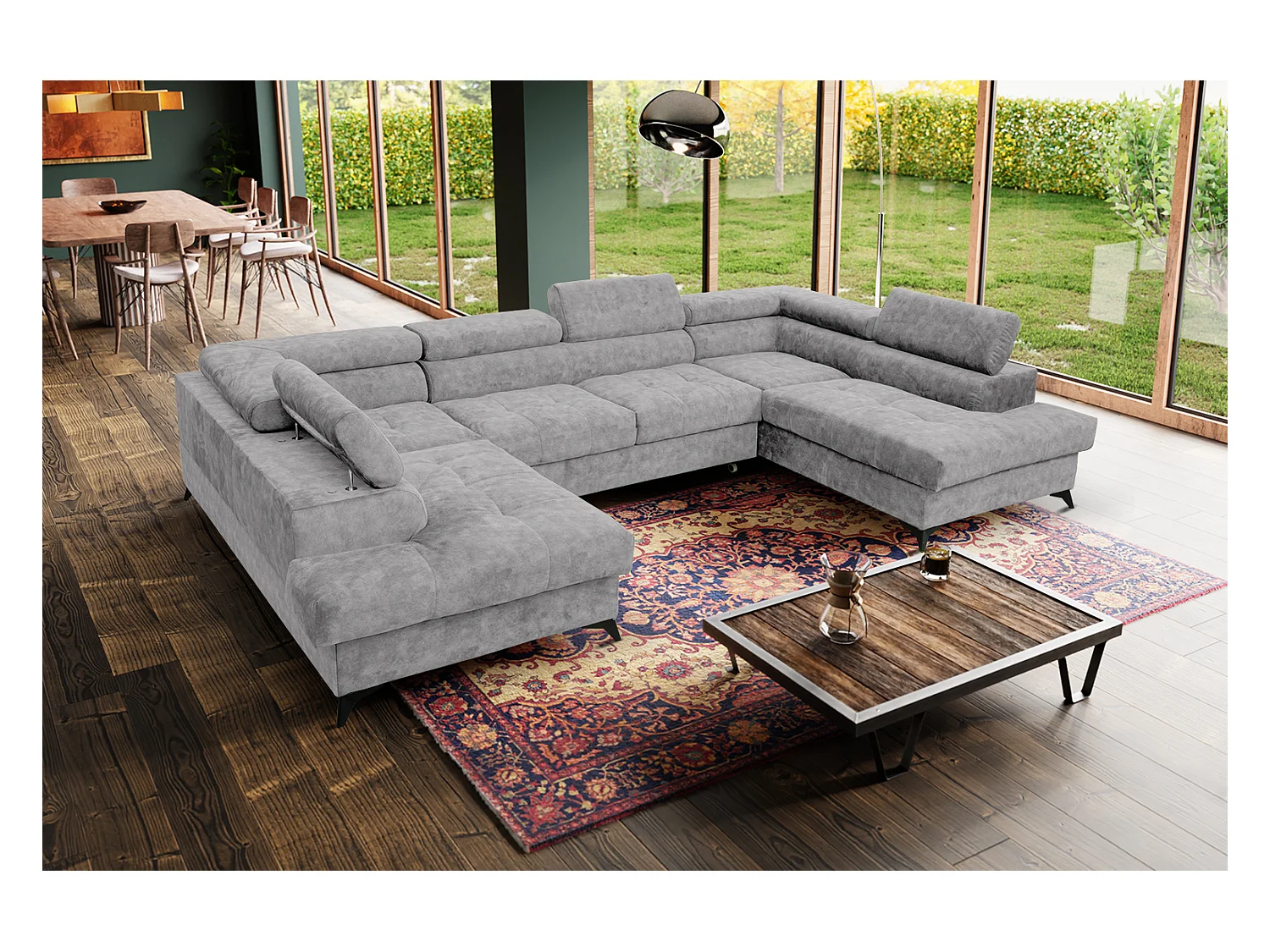 Ecksofa Palermo U-Form mit Schlaffunktion Bettkasten 345 x 202 cm Wohnzimmer Arbeitszimmer Sofa XXL, hellgrau