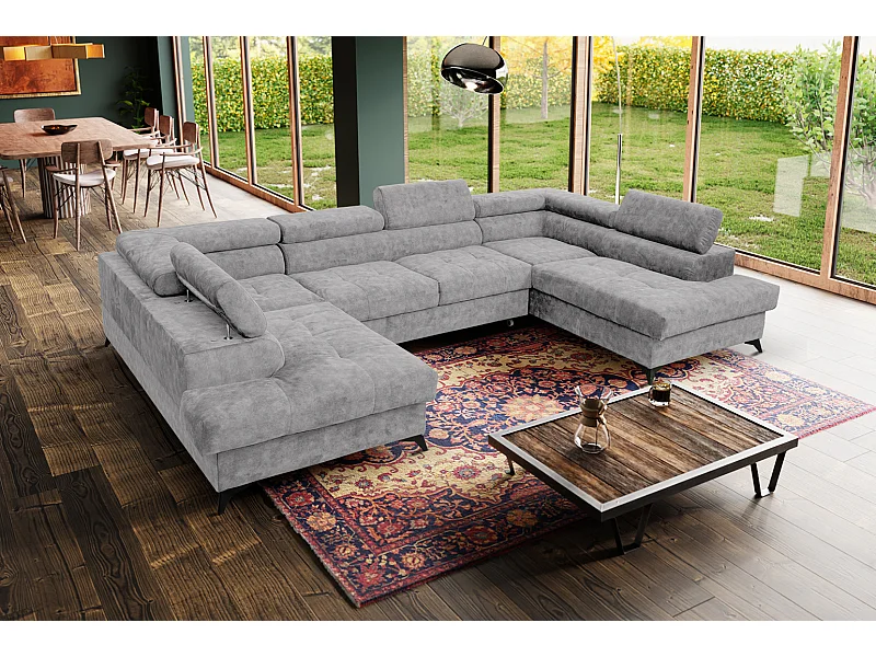 Ecksofa Palermo U-Form mit Schlaffunktion Bettkasten 345 x 202 cm Wohnzimmer Arbeitszimmer Sofa XXL, hellgrau