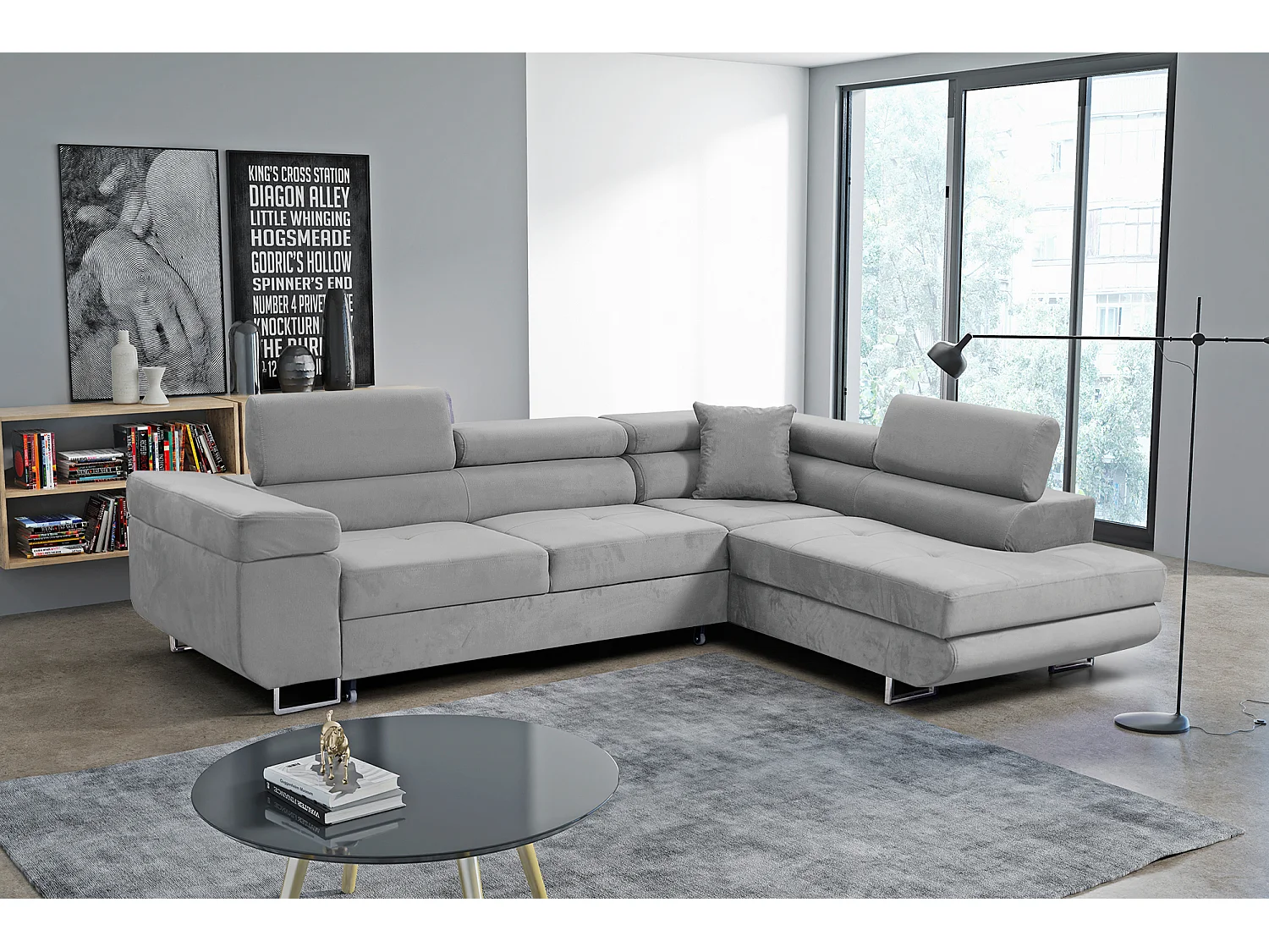 Ecksofa Marlene III L-Form mit verstellbaren Kopfstützen Schlaffunktion Bettkasten 271 x 202 cm Wohnzimmer rechts, hellgrau