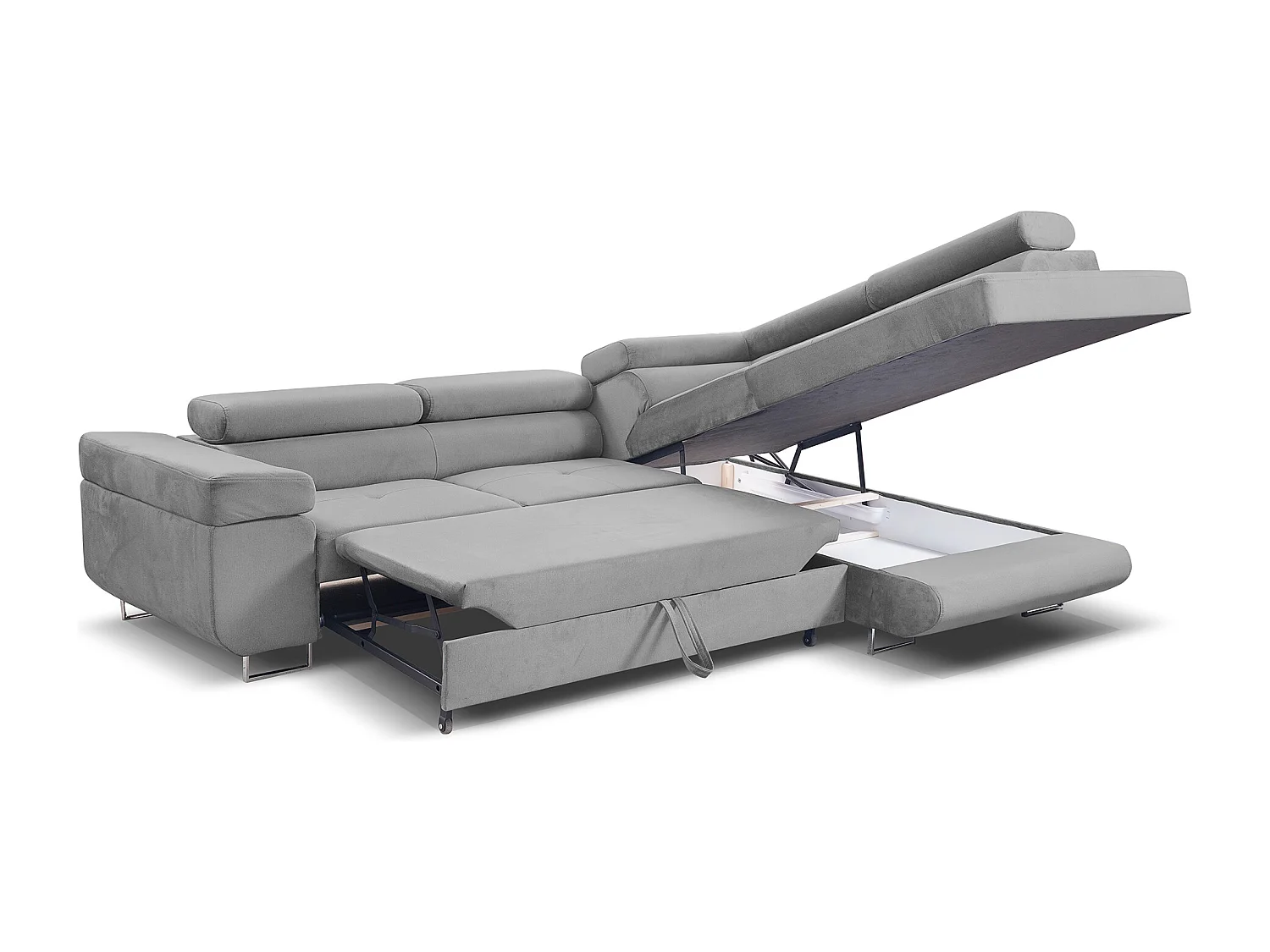 Ecksofa Marlene III L-Form mit verstellbaren Kopfstützen Schlaffunktion Bettkasten 271 x 202 cm Wohnzimmer rechts, hellgrau